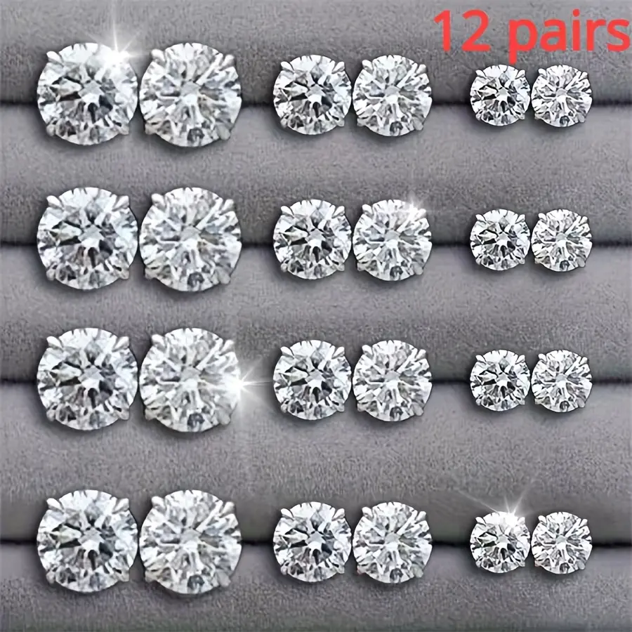 12-Pair Silvery Luxury Moissanite Earrings Set for Women, Artificial Gemstone Jewelry, Ideal for Personal Wear, Valentine's Day Gift, Earring For Women