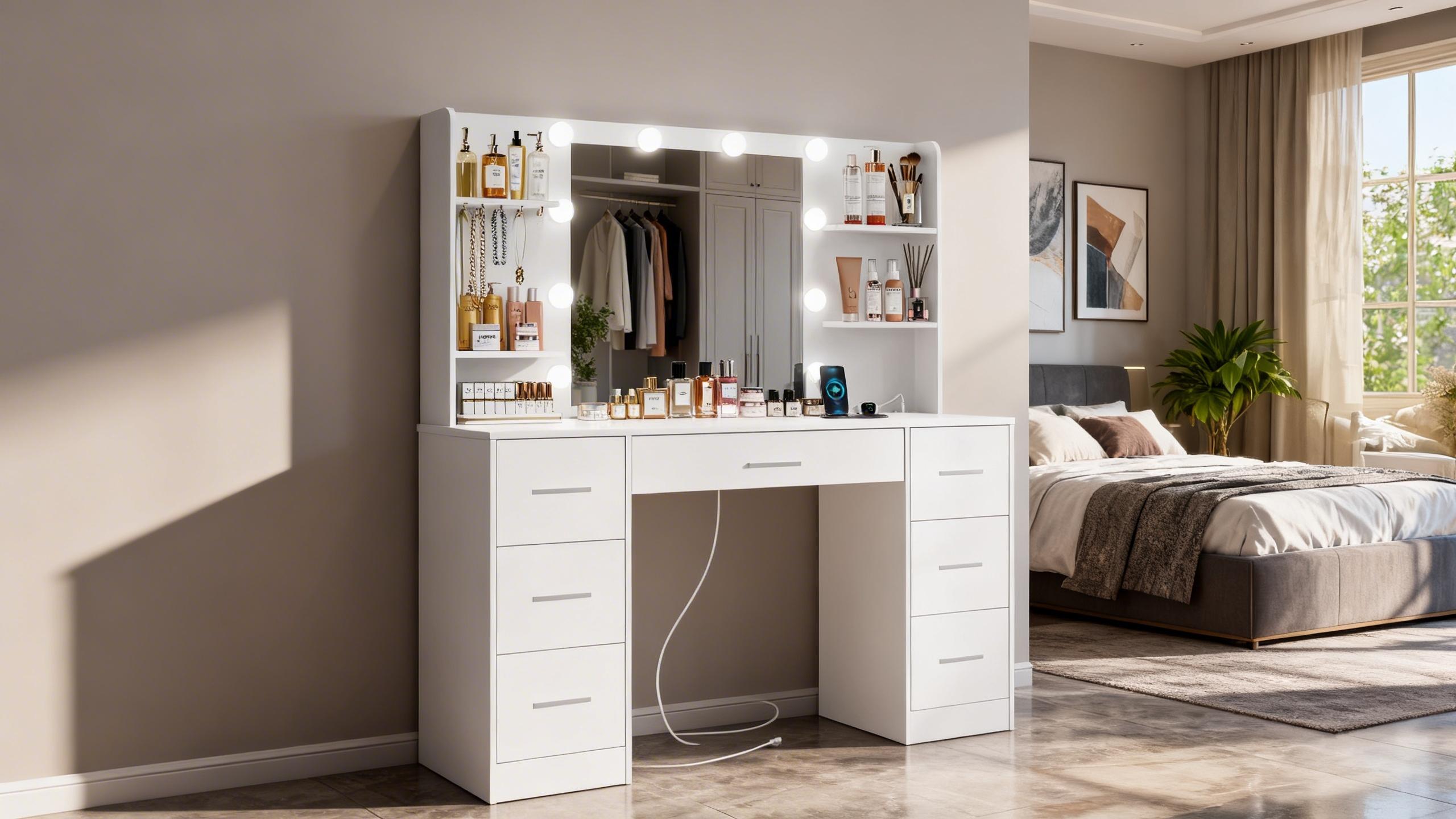 Dream Vanity Table Set with LED Lights 7 Drawers Power Outlet Adjustable Brightness Easy Assembly Durable Design Super Bright Lighting Solution Perfect for Bedroom Makeup Routine