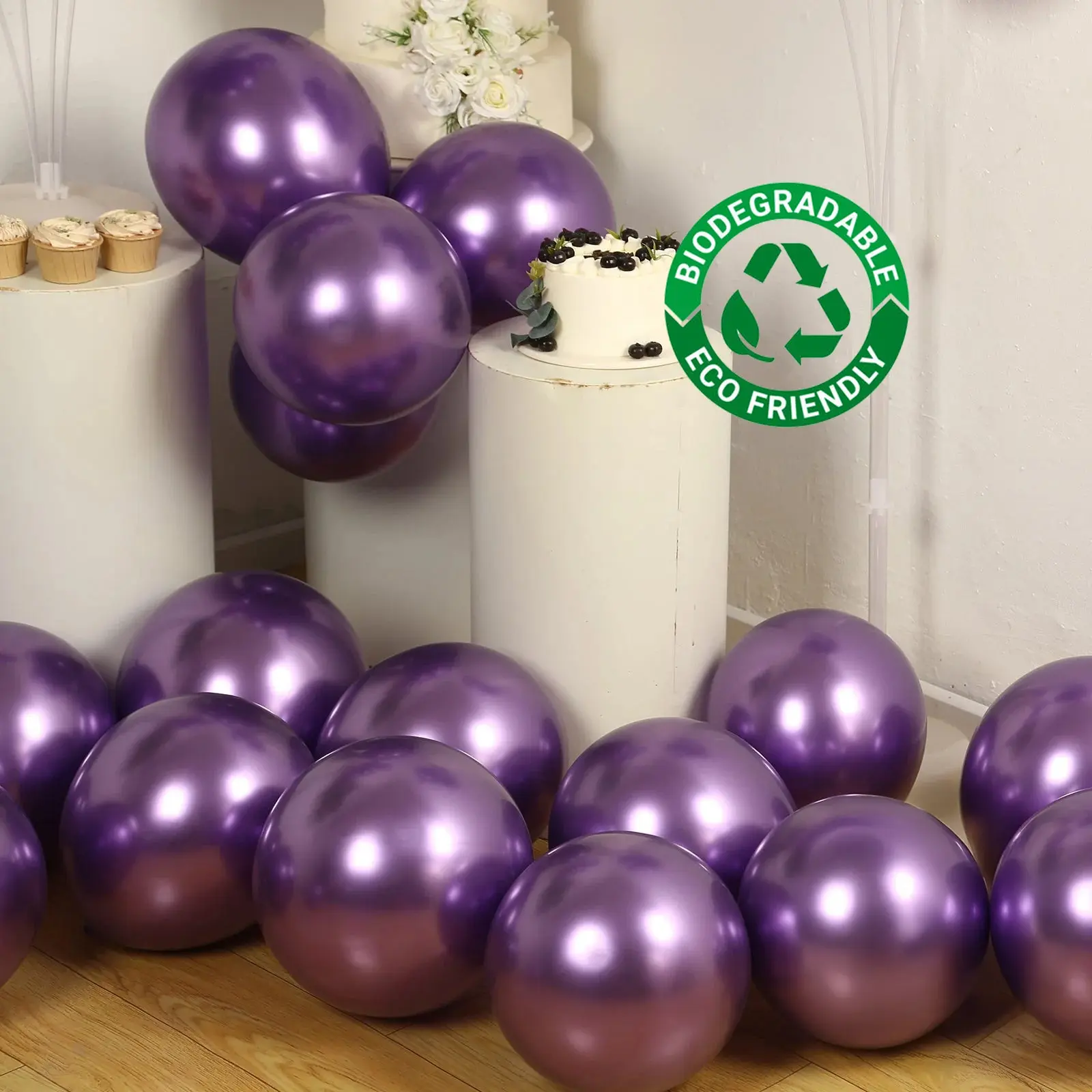 50-Pack 12" Chrome Purple Biodegradable Latex Round Balloons, Thick Eco-Friendly Metallic Balloons for Party Decor, Ceiling Hang, Birthday Decor, Balloon Decor