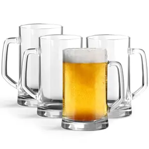 Premium Glass Beer Mugs Set of 4 – 12 oz Heavy Duty Beer Glasses with Handle, Dishwasher & Freezer Safe Clear Drinking Cups for Beer, Lager, Ale & Home Bar