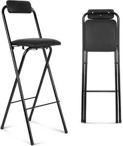 1 count Folding Bar Stool with Backrest, Tall Foldable Stool Chair Portable High Folding Bar Chair Counter Height Seat Leather Padded for Kitchen Island Shop Cafe Dining Room Black (29.5 Inch)
