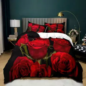 2D Print Rose Pattern Decorative Bedding Set, 100% Polyester Soft Breathable Fabric, All Seasons, Bedroom & Guest Room Decor, Decorative Bedsheet Sets