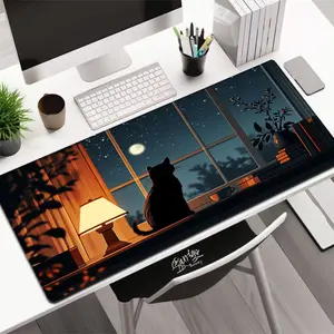1pc Moonlight Night Watch Black cat mouse pad, oversized rubber keyboard pad, non-slip rubber base stitched edges, computer office game mouse pad, portable desktop accessories, suitable for office, home, study and games
