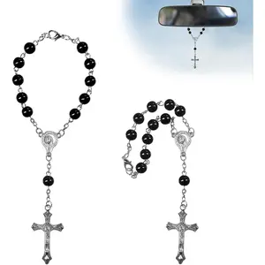 2 count  Rosary for Rearview Mirror, Personalized Auto Mirror Decor Rosary &  Pendant, Religious  Medal Blessing Beads, Interior Rear View Mirrors Charm Auto Decor (Black)