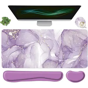 Purple Marble Pattern Mouse Pad & Keyboard Wrist Rest & Coaster Set, Ergonomic Wrist Support, Computer Mat Mouse Pad Coaster Suitable for Home Office Gaming