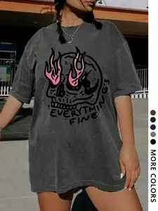 Women's Skull & Fire Graphic Print Round Neck Tee, Vintage Trendy Casual Short Sleeve T-shirt for Daily Wear, Ladies Summer, Top