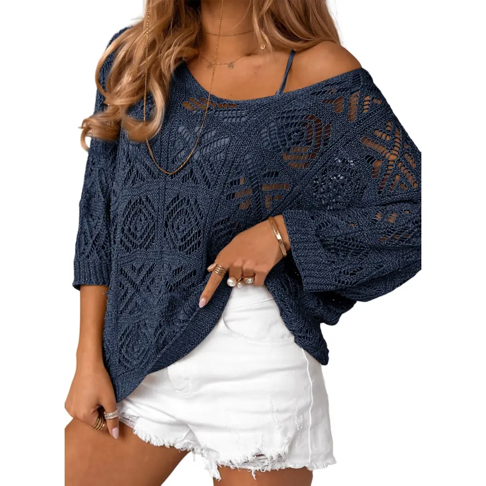 Dokotoo Women's 2026 Spring Summer Crochet Hollow Out 3/4 Sleeve Pullover Sweater Off Shoulder T-Shirts Dokotoo Women's 2026 Spring Summer Crochet Hollow Out 3/4 Sleeve Pullover Sweater Off Shoulder T-Shirts