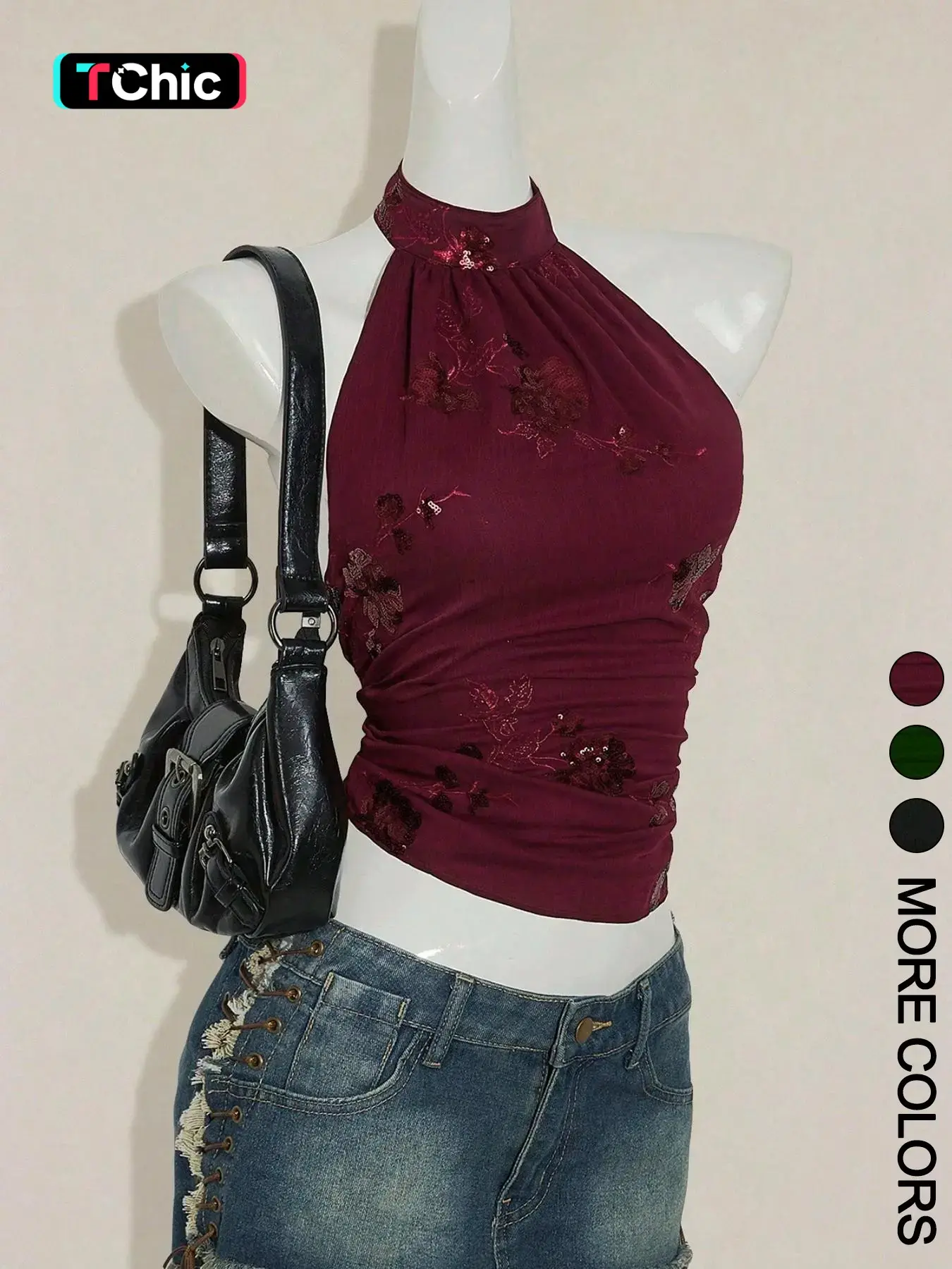 Spring and Summer Halter Neck Crop Top, Backless Sequin Floral Sleeveless Top for Women, Boho-Style Elegant Sleeveless Cami for Vacation and Festival Beachwear, Camisole Tank Tops