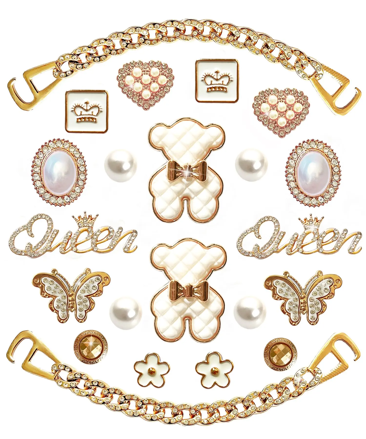 Women's Cute Bling Rhinestone Shoe Charms, 20-Piece High-Quality Resin Decor Jewels with 2 Golden Shoe Chains, DIY Clog Sandal Decor, Thanksgiving Party Favors