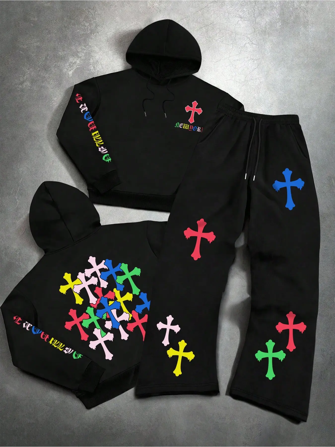Hooded Sweatshirt Two Piece Set, Colorful Cross Religious Print, Oversized Loose Fit, Fall & Winter Streetwear, Casual Daily Wear