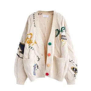 Ebossy Women's Fitted Cable Knit Long Sleeve Open Front Cardigan - V-Neck Button-Down with Embroidery Wool Blend Sweater Coat for Casual Wear Womenswear Knitwear Outerwear Tops