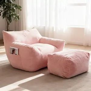 Giant Bean Bag Chair with Ottoman, Comfy Bean Bag Couch with 2 Side Pocket, Corduroy Boneless Couch Chair in a Box, Stuffed Lounge Floor Sofa for Dorm, Bedroom, Living Room, Pink