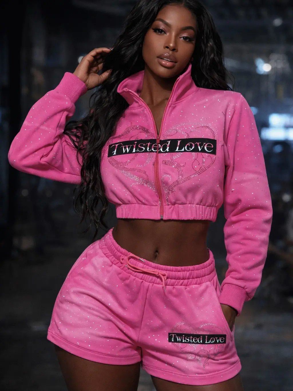 Twisted Love Rhinestone Short Set - Pink Heart Design with Sparkling Rhinestones for Stylish Comfort