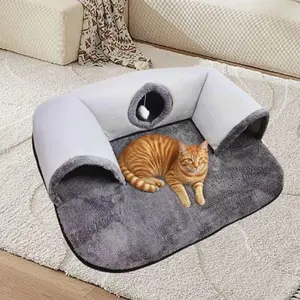 Cat Bed with Tunnel - Cat Beds for Indoor Cats 3-Way Ports 3 Toys, Soft Cave, Large Tunnel, Detachable Rug, Non-Slip Bottom Carpet for Kitten Ferrets Small Animals