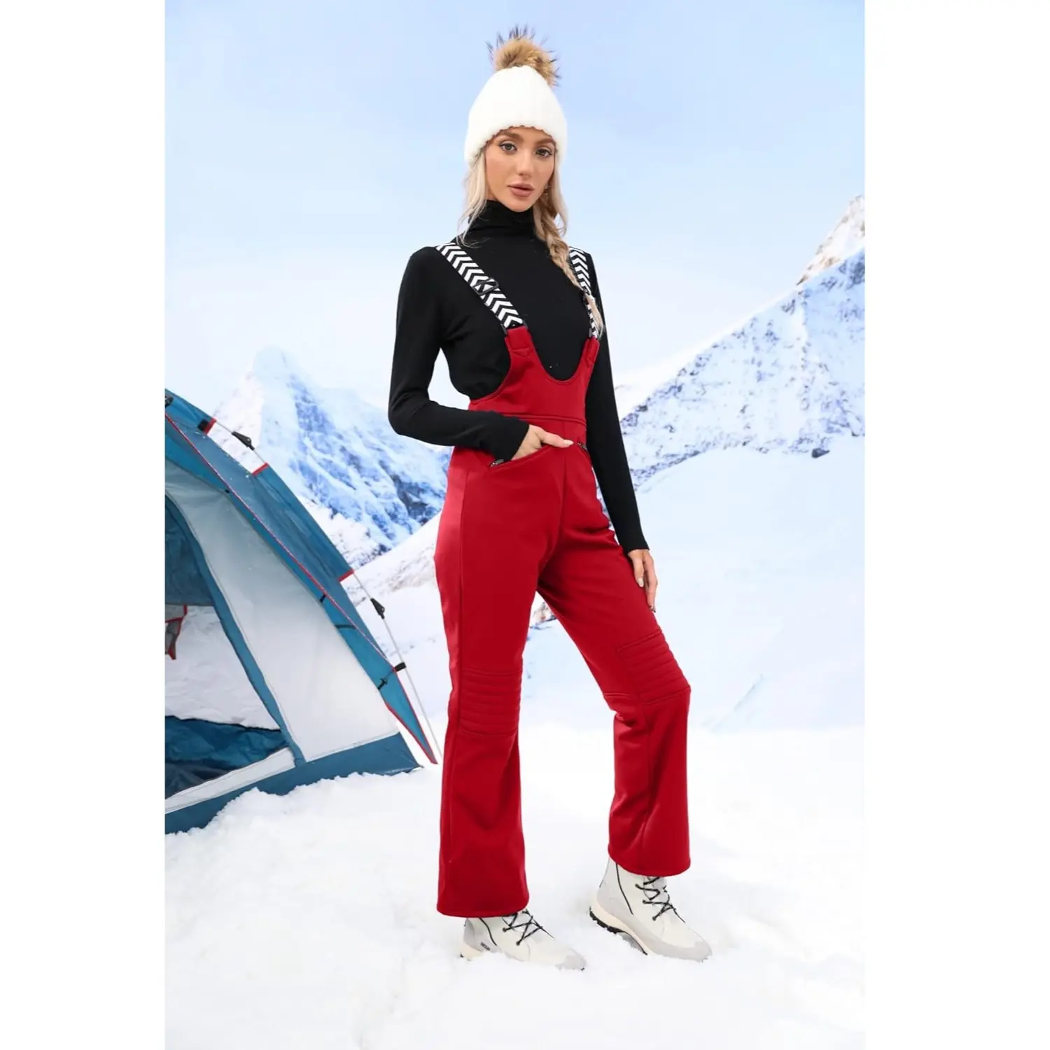 FISOEW Women's Chevron Stripe Snow Bibs, Insulated Waterproof Thermal Nylon Ski Pants with Flare Bottom Zippers, Chic, Twist, Elastic, Fleece, Breathable Ski