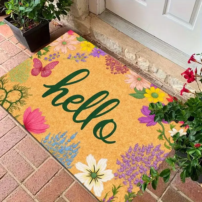 summerwins Colorful Floral Retro Washable Floral PVC Doormat with "Hello" Slogan - Easy to Clean, Durable, Lightweight Comfort for Entryway, Bathroom, Washable Floral Rug