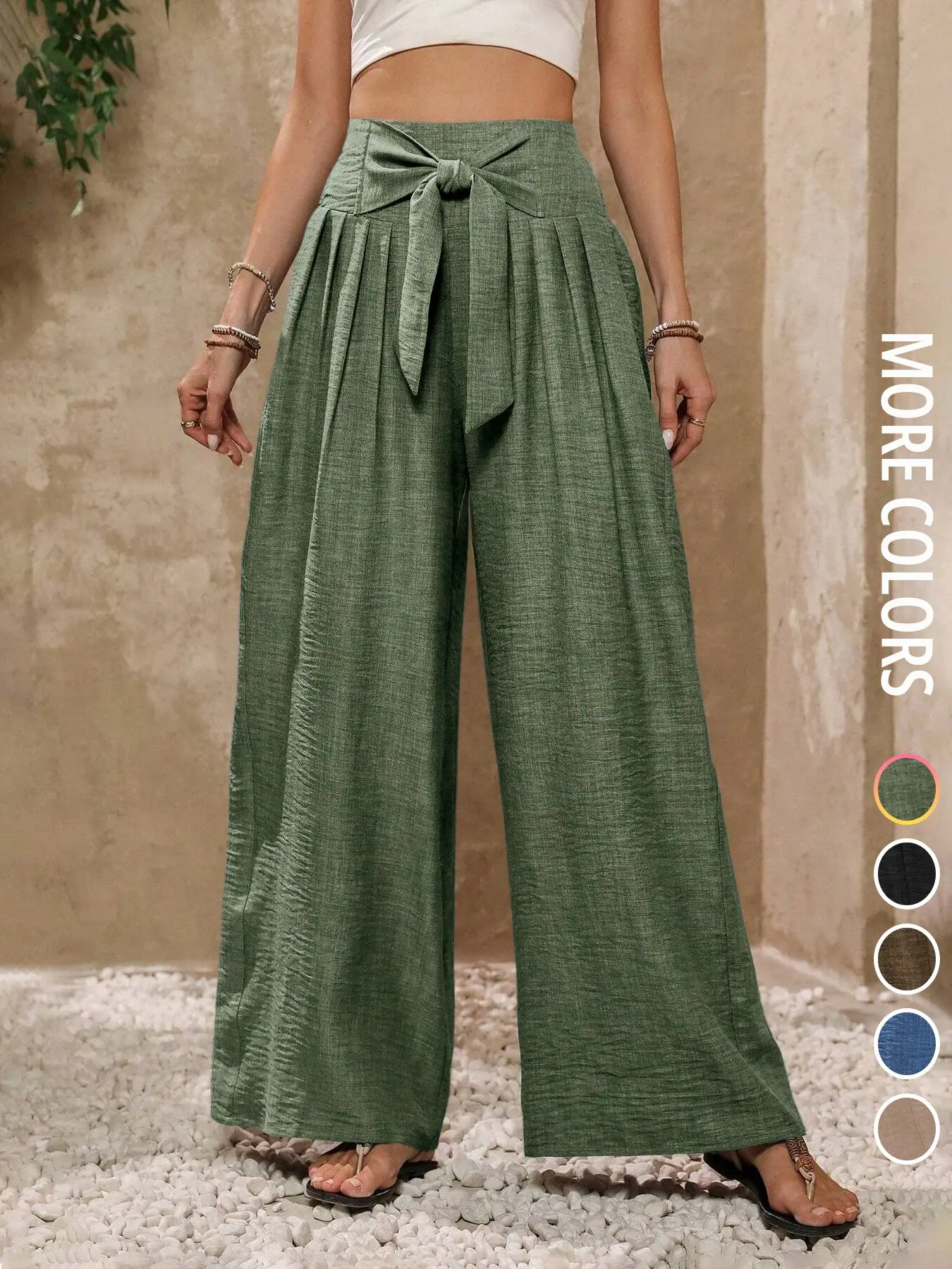 Women's Fashion Loose Plain Elegant Long Pants, Loose Palazzo Pants, Bow High Waist Wide Legged Pants, Casual Party Wear, All Season Choice