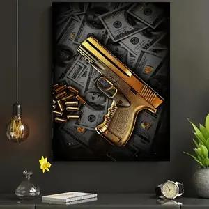 [Sale off up to 50%] Gun and Money Motive Wall Art Motivational Handgun and Dollar Inspirational Poster, Gift for Him, Gift for Her