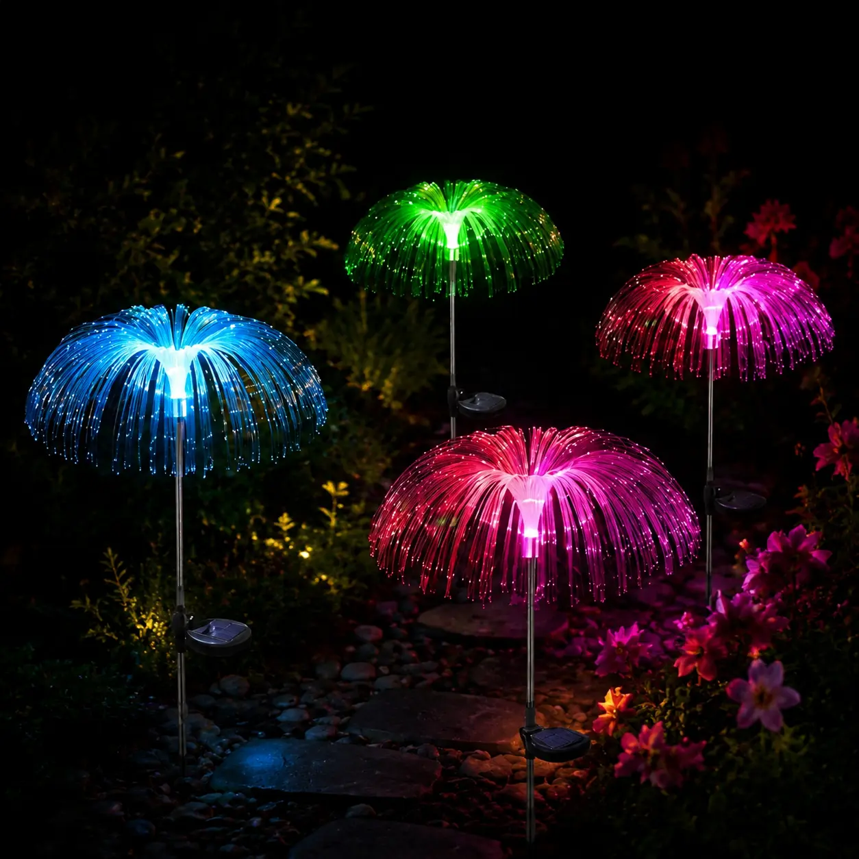 Solar fiber optic lights（4 pack）- IP65 Waterproof Multi-Color Fiber Optic Flowers, Auto On/Off Solar Decorative Lights for Backyard, Patio, Pathway & Party,decorative lamp,night light,solar outdoor lights,sunsetlamps