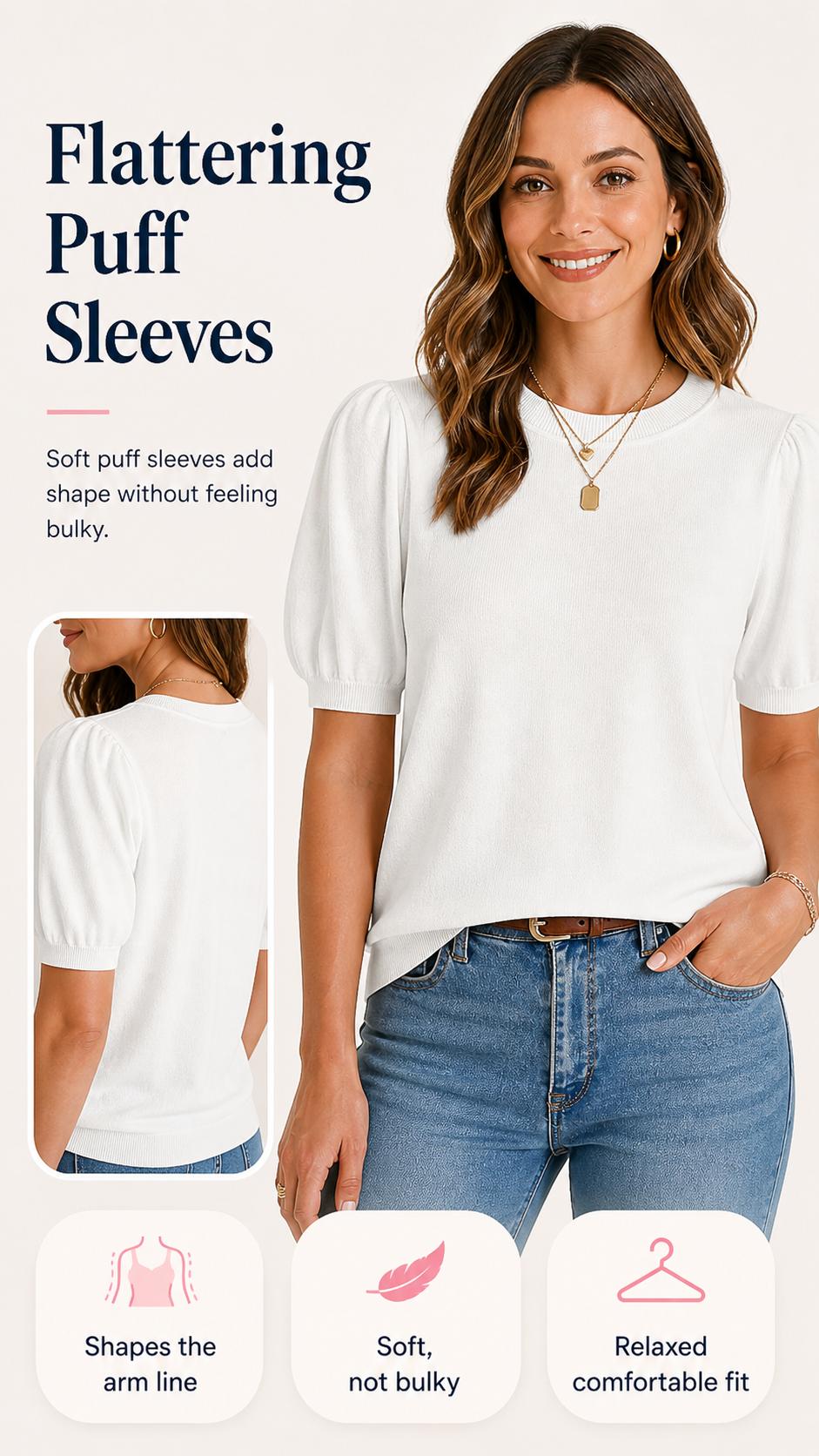 OFEEFAN Women's Puff Short Sleeve 2025 Spring Summer Sweater - Lightweight Knit Top - Business Casual Blouse, Soft & Breathable for Layering