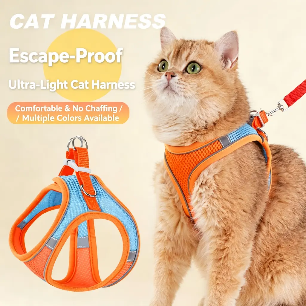 Escape-Proof Soft Nylon Mesh Dog & Cat Harness and Leash Set - Reflective, Adjustable, Machine Washable for Small to Medium Pets, Clip-Front, Ideal for Walks (Leads & Harnesses Category)