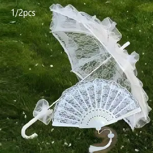 Bride Wedding Decoration Props Set, Lace Umbrella and Plastic Fan, Christmas European Style, Outdoor Wedding Decorations, Best Gift