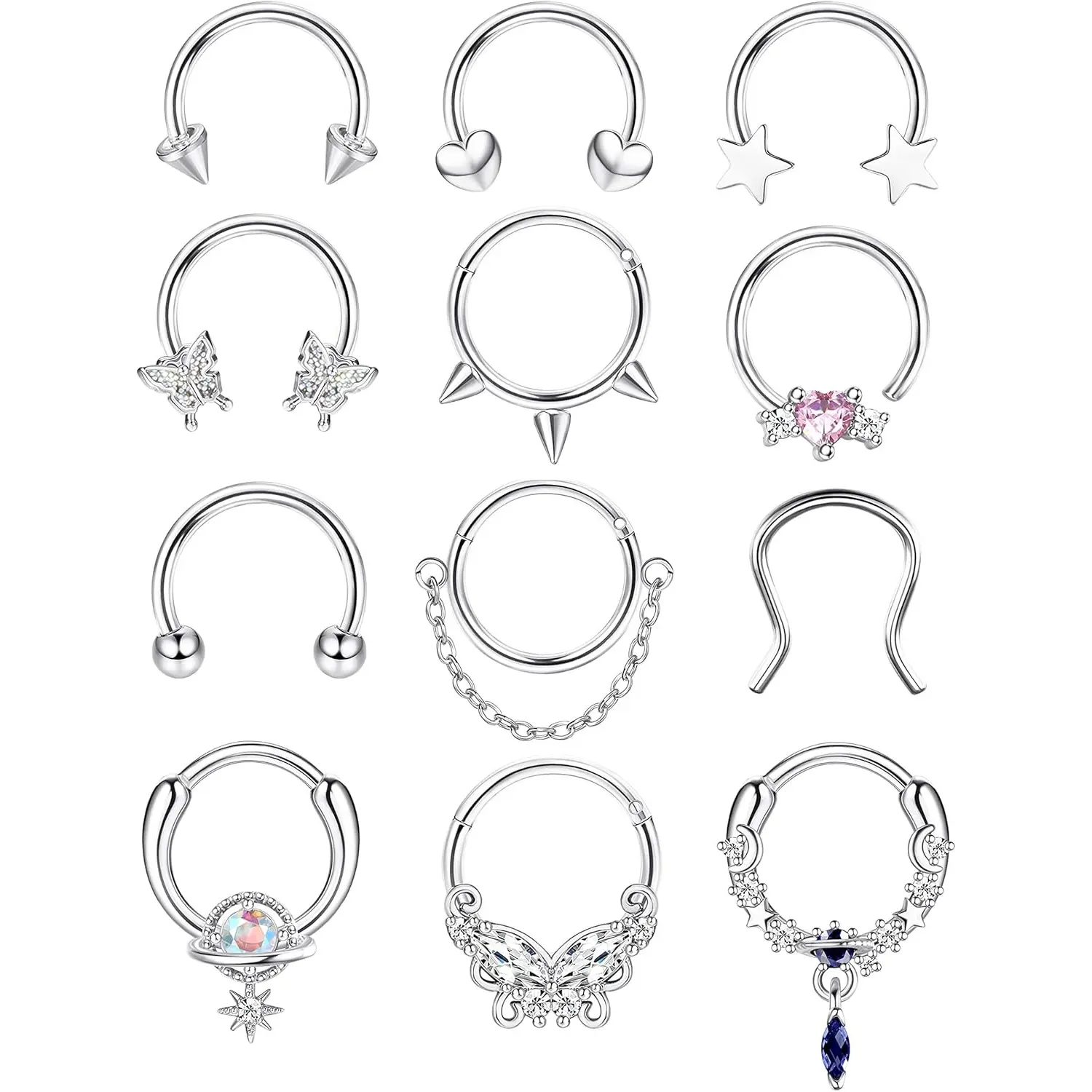 Milacolato Septum Ring 12Pcs Set, 16G 10mm Stainless Steel Clicker Hoops with Heart & Butterfly Dangles for Various Nose Piercing Styles, Clicker Septum Ring, Hypoallergenic Cubic Zirconia, Bling Effect, Christmas, Nose Ring Jewelry