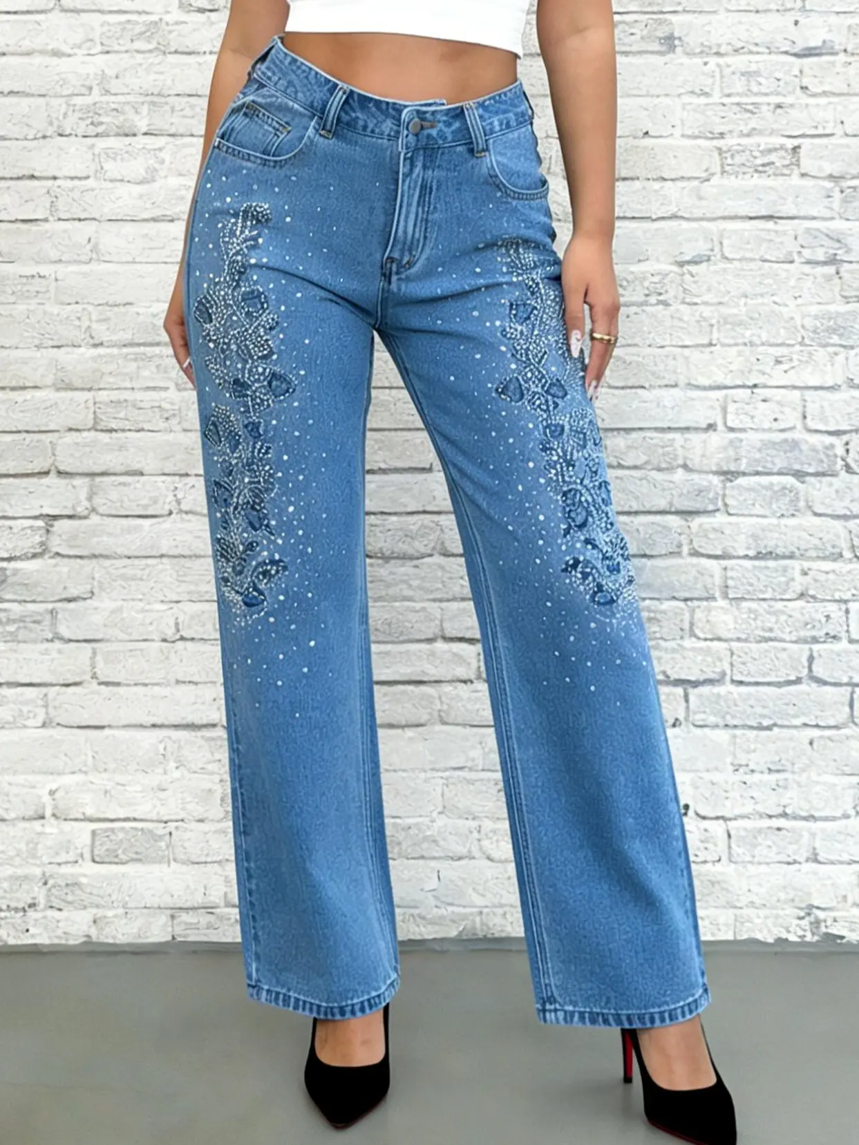 Women's High-Waist Straight-Leg Cotton Rhinestone Jeans - Retro Blue Embroidery, Loose Comfortable Trousers for New Year, Party Wear, Fashionable Ladies