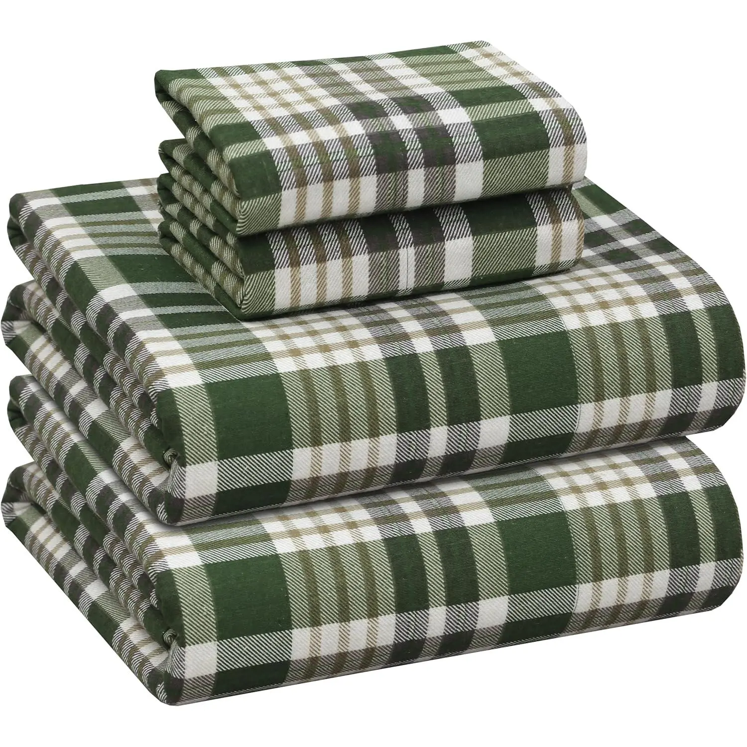 100% Flannel Twin XL 4-Piece Sheet Set, Plaid Olive Brown Bedding, Double Brushed Soft Finish, 16-in Deep Pockets, Fully Elasticized, Breathable, Fade Resistant, Cozy Warmth for All Seasons