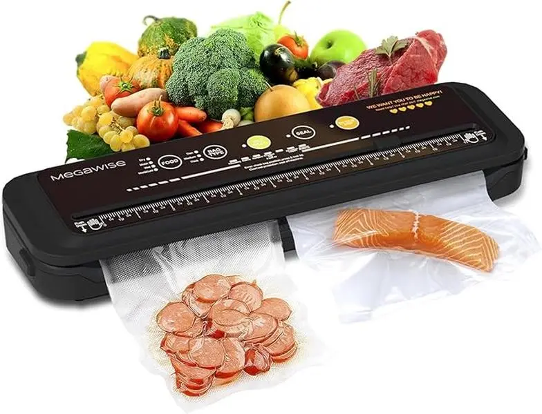 MEGAWISE Vacuum Sealing Machine, 80kPa Kitchen Appliance with Built-In Cutter, Dry & Moist Modes, 1-Touch Automatic Sealing, 10 Included Sealer Bags, Black
