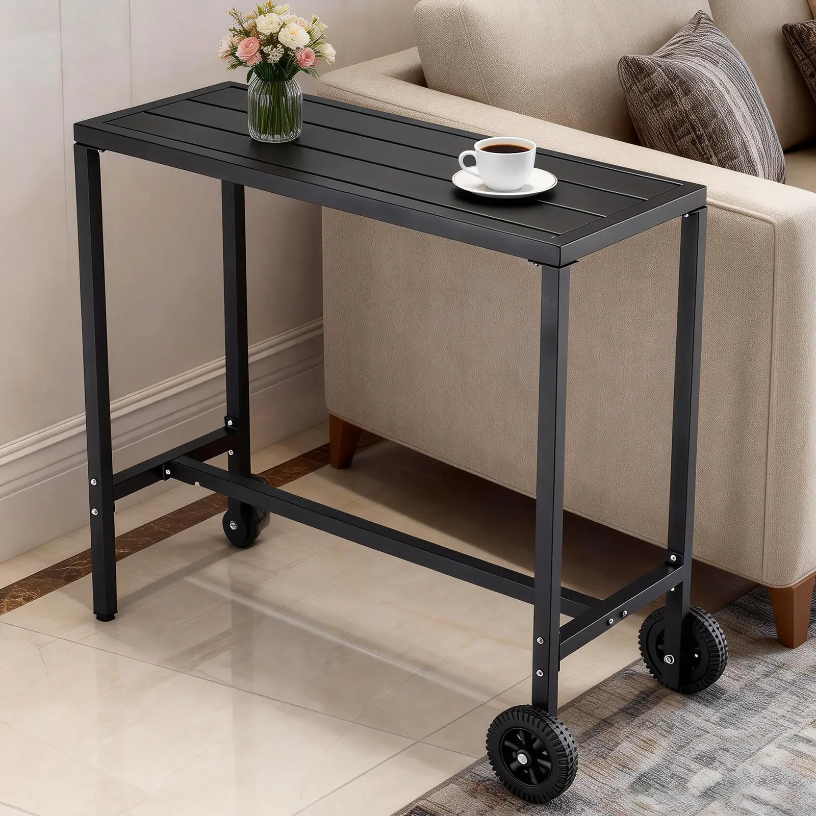 Portable Rolling Pub Look Bar Table with Steel Frame, Height-Adjustable Counter Height Furniture, Locking Wheels for Outdoor Patio, Balcony