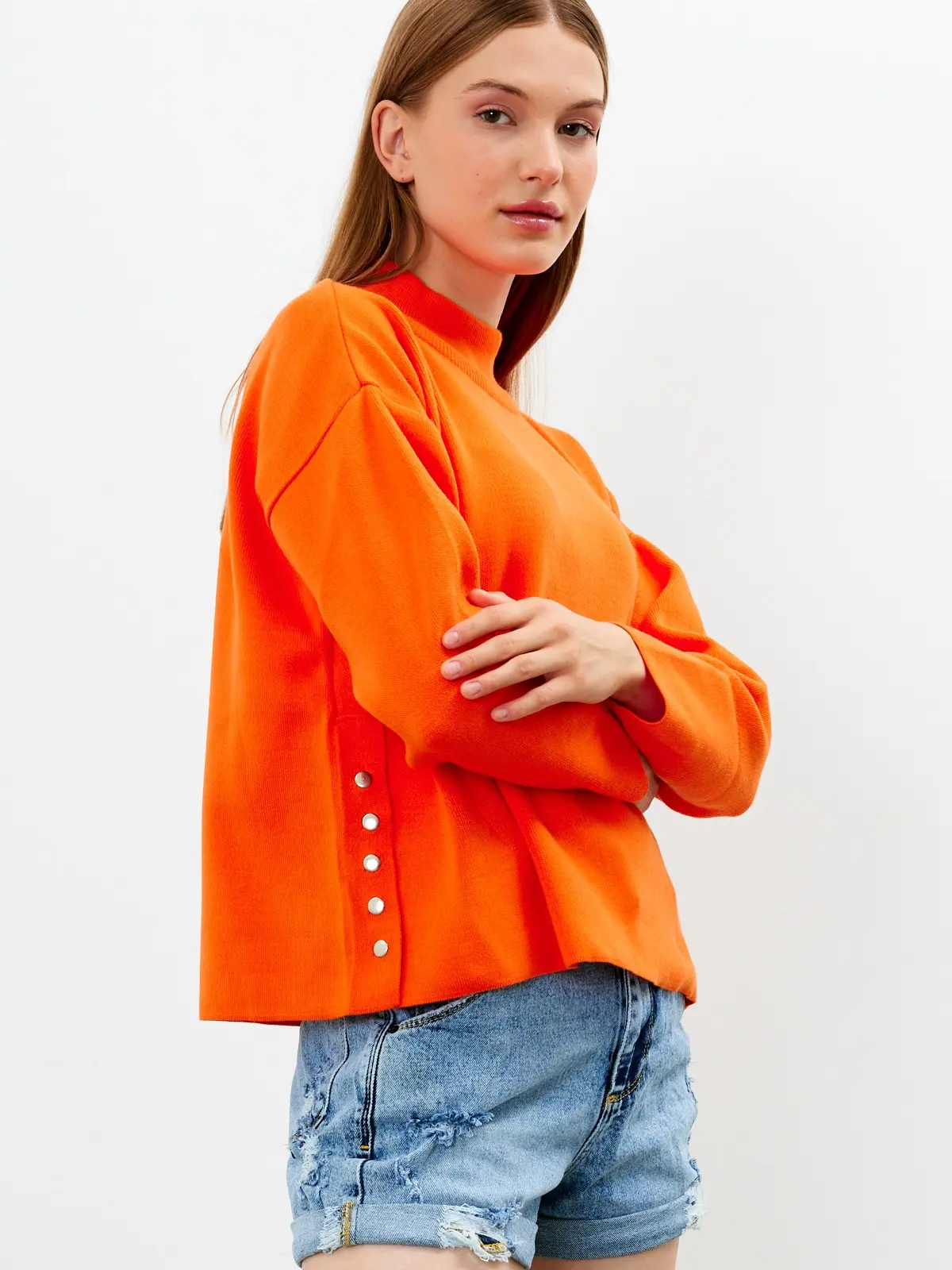 VAV New York Women's Mock Neck Oversized Knit Sweater Fall Winter Knit Pullovers Orange, Red, Black, Brown Mock Neck Sweater