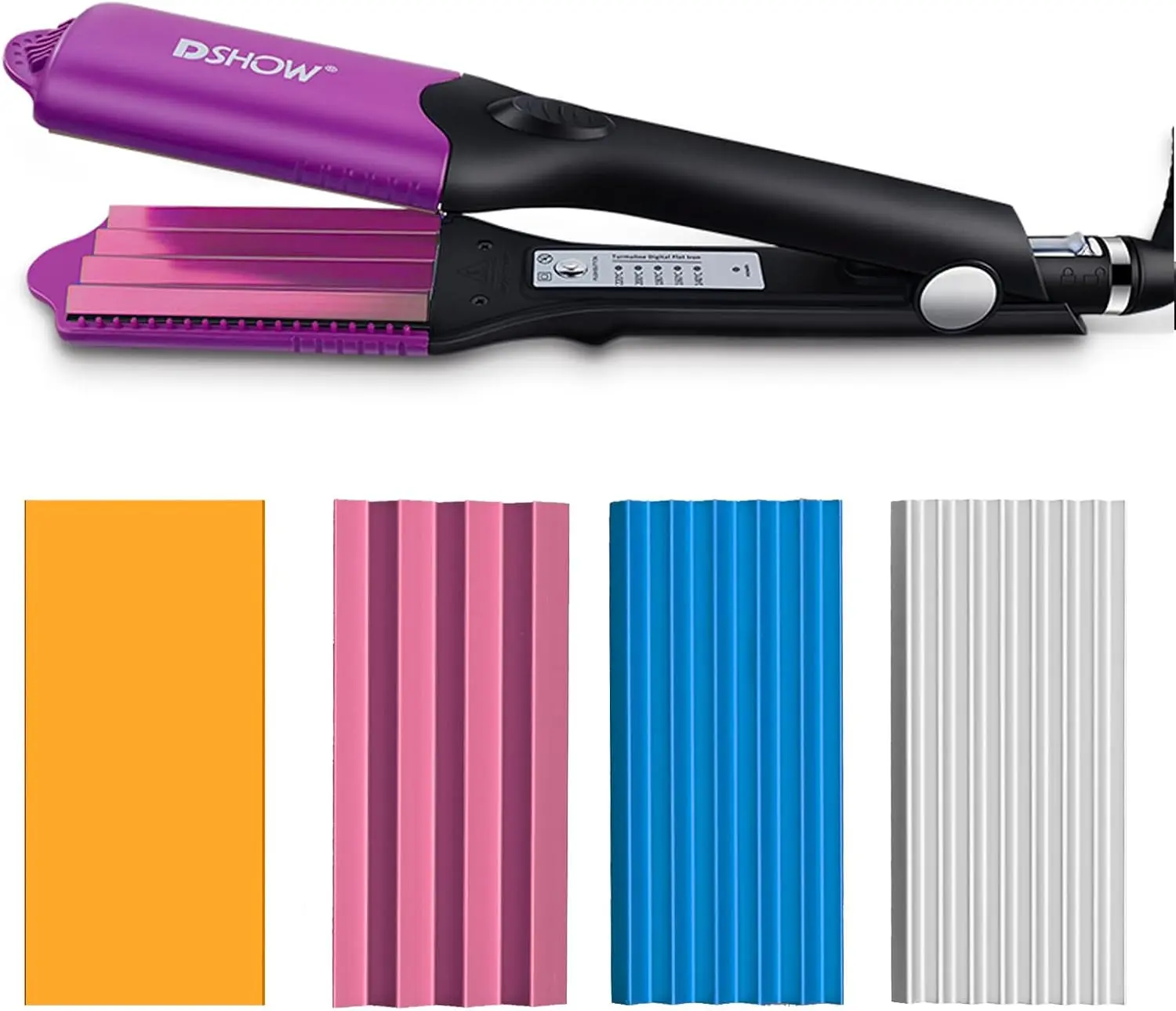 DSHOW 4-in-1 Hair Crimper for Women Crimping Iron for Hair with 8/6/4 Tooth & Flat Interchangeable Plates, Titanium Ceramic Coated Tool for Root Lift, 80s Zigzag Texture, 5 Heat 140-220℃（284-428°F）