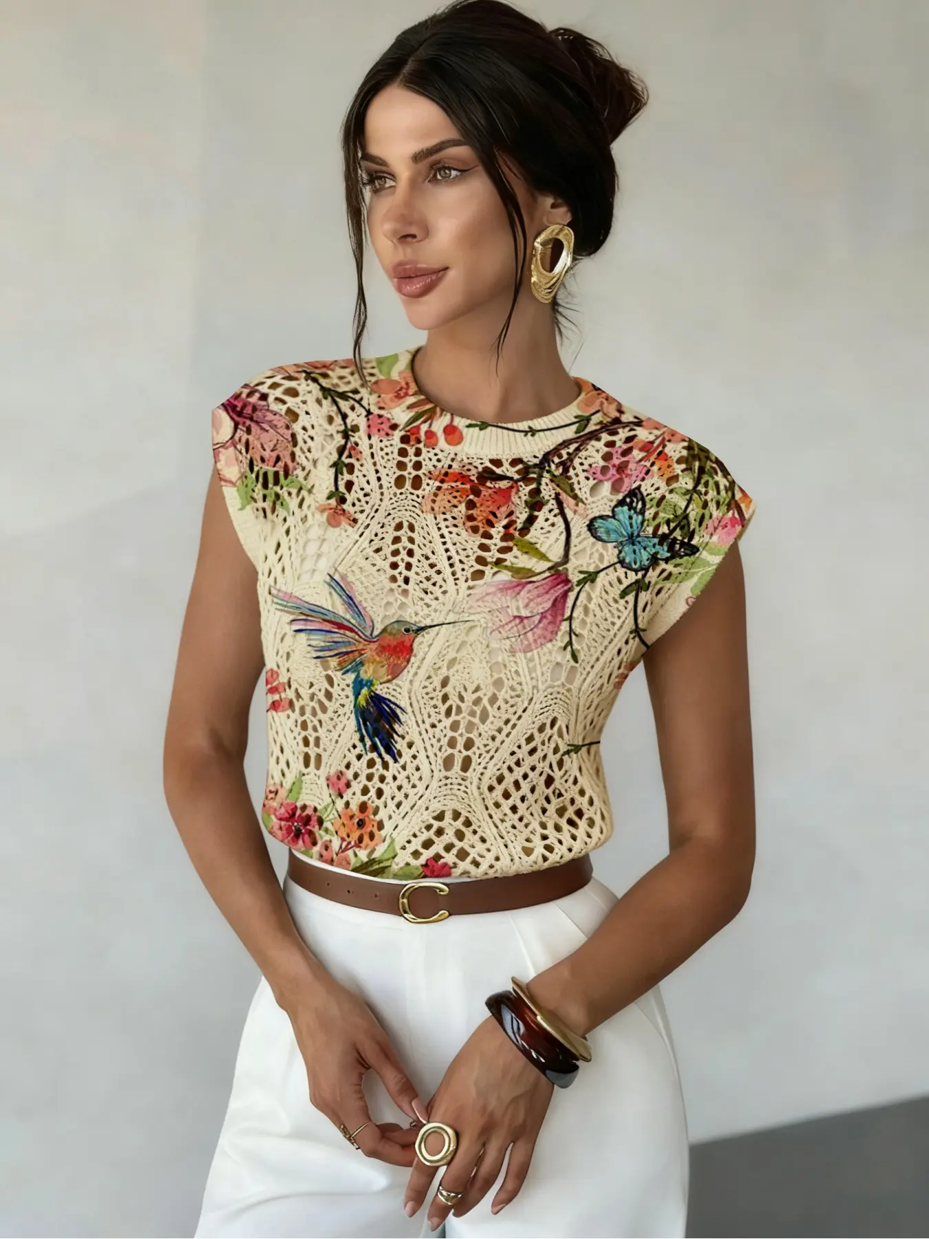 Floral Design Knit Butterfly Print Round Neck Sweater, Elegant Casual Chic Fitted Sleeveless Knitwear for Spring Summer Fall, Comfortable Warm Women's Clothing, Elegant Classy Tops, Knitted Top