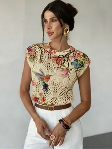 Floral Butterfly Print Round Neck Sweater, Elegant Casual Chic Fitted Sleeveless Knitwear for Spring Summer Fall, Comfortable Warm Women's Clothing, Elegant Classy Tops