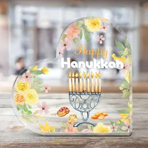 Flower Pattern Acrylic Heart Shaped Ornament, 1 Count Happy Hanukkah Gift, Hanukkah Menorah Floral Decoration Ornaments, Home Crafts Decoration Gift
