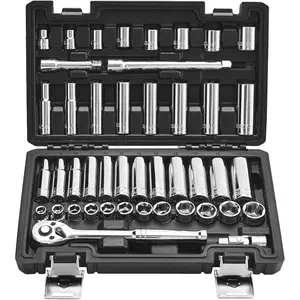 VEVOR 44-Piece 3/8 Drive Socket & Ratchet Set, CR-V Steel High Torque Rust Resistant SAE/Metric Tool Kit with Deep Shallow Sockets, Engraved Sizes, Ratchet Handle, Mechanic Accessories & Storage Case for Automotive Repair