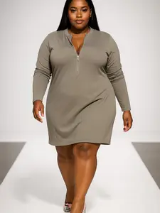 Plus Size Grey Ribbed Knit Dress with Zipped Neck Closure for All Seasons Stylish & Versatile Design Long Sleeve Dress