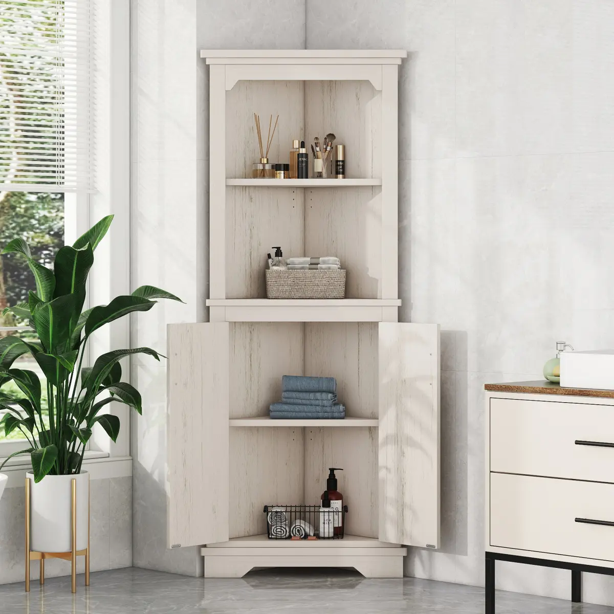 28.3*15.4*69.4 Inch Beige Tall Corner Storage Cabinet MDF Particle Board 2 Open Shelves Closed Cabinet Rounded Corner Design 10LBS Per Shelf Easy Assembly for Bathroom Living Room Bedroom Laundry Room, Corner-Mounted Wall Cabinets, Enclosed Wall Cabinets