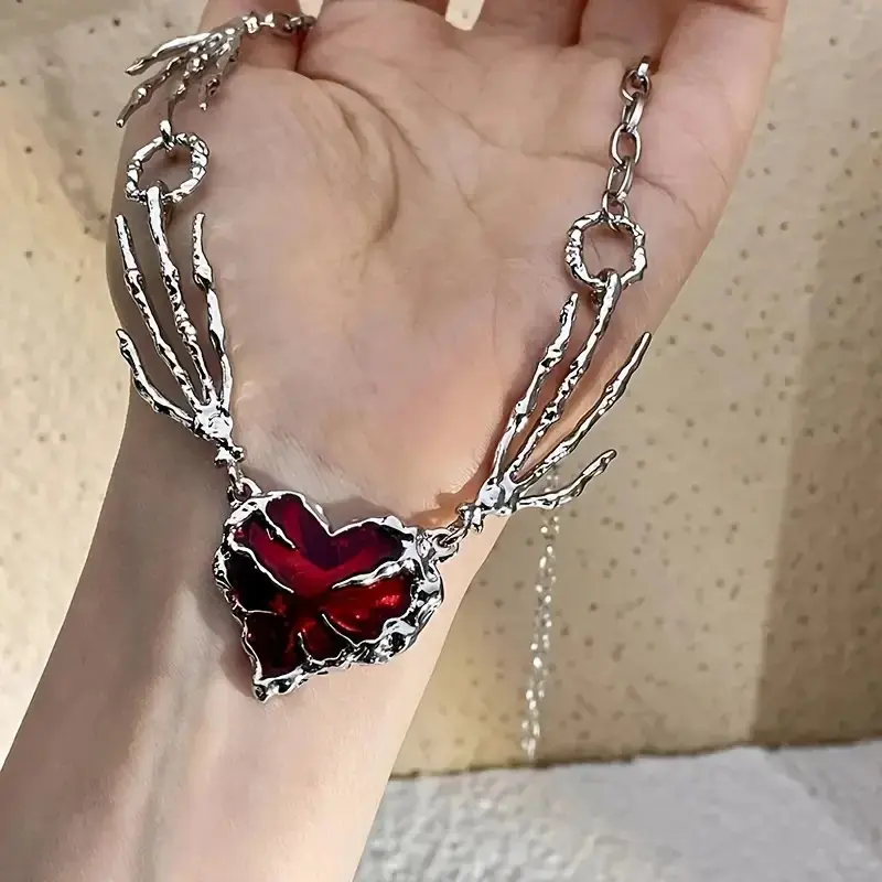 Gothic Emo Punk Spooky Silver Skeleton Hand Heart Necklace