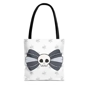 Skull Bow Soft Goth Tote Bag with Tiny Skull Centerpiece Subtle Star Pattern Lightweight Durable 100% Spun Polyester Double Stitched Seams Comfortable Cotton Straps