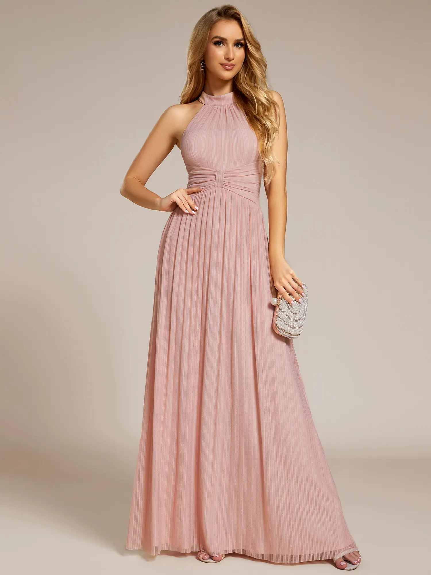 Ever-Pretty Spring Halter Neck Pleated Glittery Formal Evening Dress with Empire Waist 41961