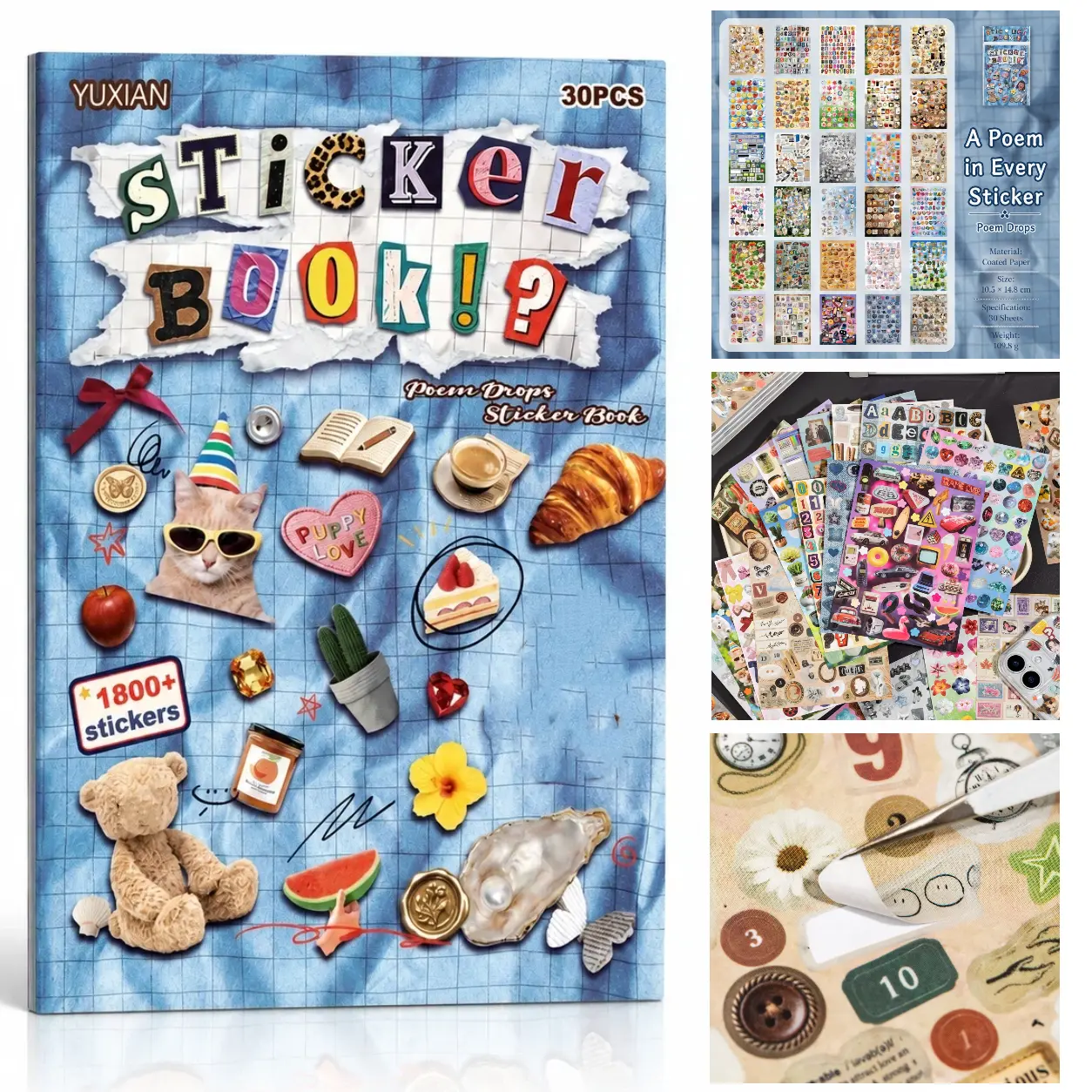 1800+ Pcs 30 Sheets Everyday Ephemera Sticker Book - Tiny Food, Pets, Alphabet, Numbers, Florals & Retro Tech Stickers for Journaling Scrapbooking Collage