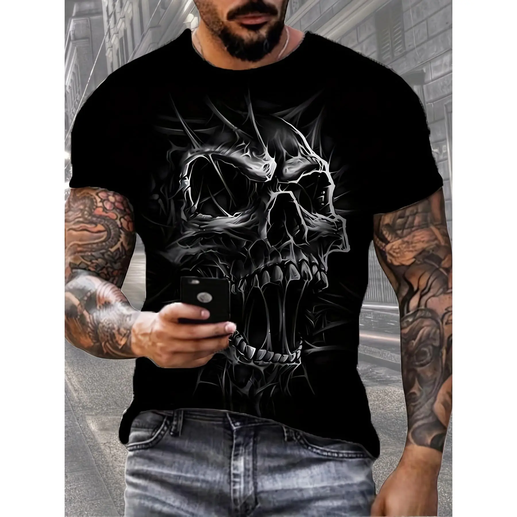 Men'S Stylish 3D Skull Graphic Tee - Black Round Neck Short Sleeve Shirt, Washable in Machine, Summer Style, Daily Comfort |   Trendy Casual Wear |   Flexible Material,
