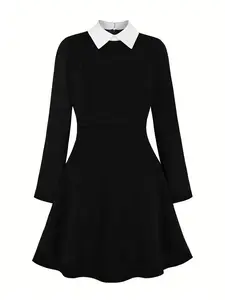 Women's Halloween Cosplay Wednesday Addams Costume, Dark Gothic A-Line Dress, Perfect Halloween Gift, Casual Tight Fit Skirt, Slim