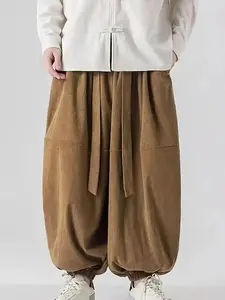 2026 Men's Elastic Waist Harem Pants Loose Fit Casual Comfort Straps Decor Bohemian Style Trousers