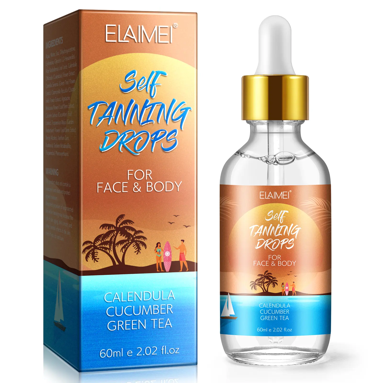 ELAIMEI 60ml Cruelty-Free Plant-Based Self Tan Serums & Essences - Women's Moisturizing Sunbed Accelerator with Coconut Water, Hyaluronic Acid, Face & Sunless Self Tanner Mixable with Moisturizer for All Skin Types, Camping Essential
