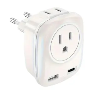 European Travel Adapter, Power Plug Adapter, 4-In-1 Multi-Function, 20w PD & Qc3.0, USB-C and USB-A Ports, 2 Us Outlets, Essential for Usa to Europe Travel
