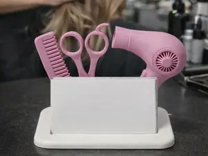Hair Stylist Barber Shop 3D printed Gift Idea Business Card Stand with Pink Tools and Dryer Design