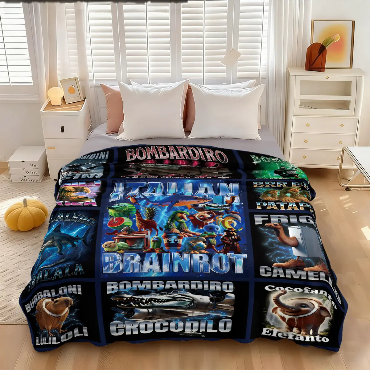 1 piece of "Italian Brainrot" funny cartoon printed flannel blanket, Funny throw blanket, suitable for sofa, bedroom, travel and other occasions, Soft, skin-friendly, machine-washable home decoration for game enthusiasts